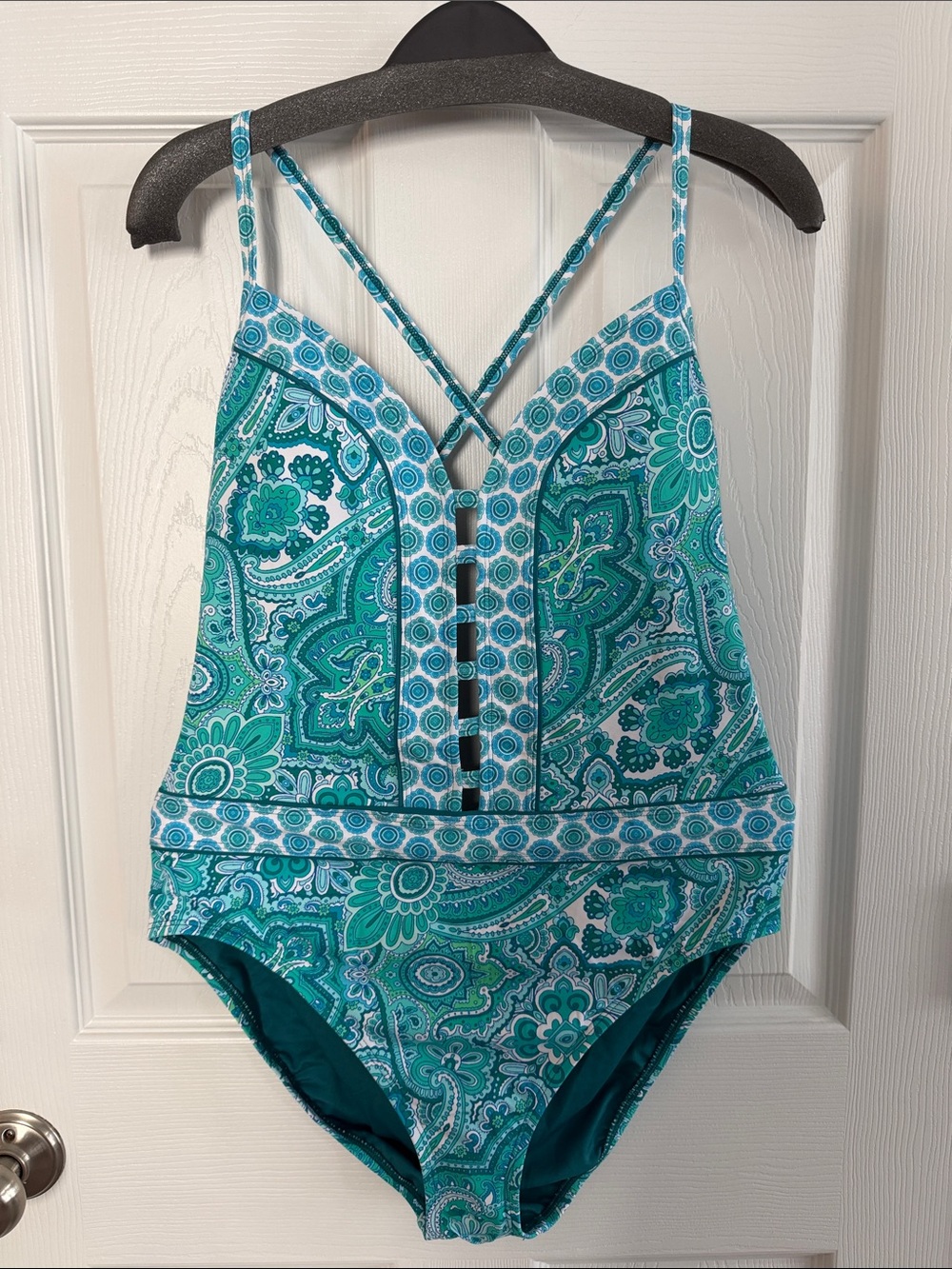 Bleu Rod Beattie Teal Paisley Womens’ One-Piece Swimsuit with Crisscross Straps